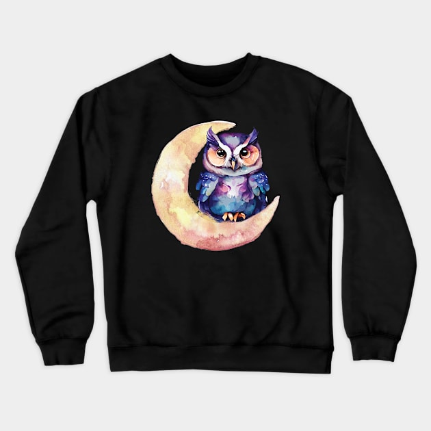 Whimsical Owl in Crescent Moon Watercolor Art Print Crewneck Sweatshirt by Hazel the Aesthete